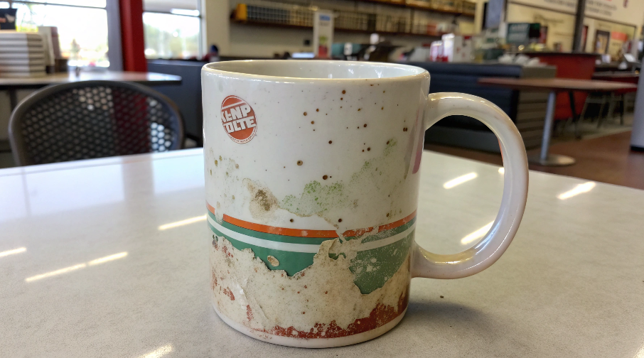 A failed sublimation attempt on a cheap dollar store mug, showing a faded and blotchy image.