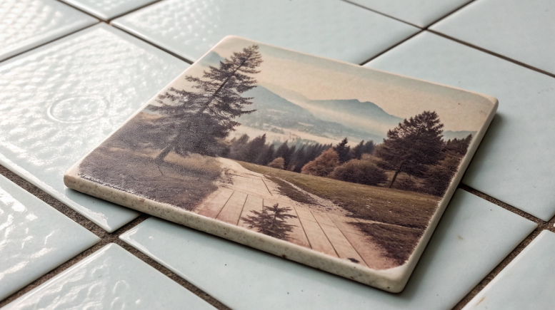 A photo of a failed sublimation attempt on a plain ceramic tile, with a blurry, faded image that can be wiped off.