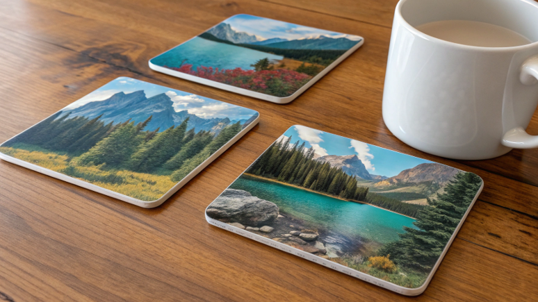 A set of beautifully sublimated ceramic coasters with vibrant, detailed images of landscapes on a wooden table.