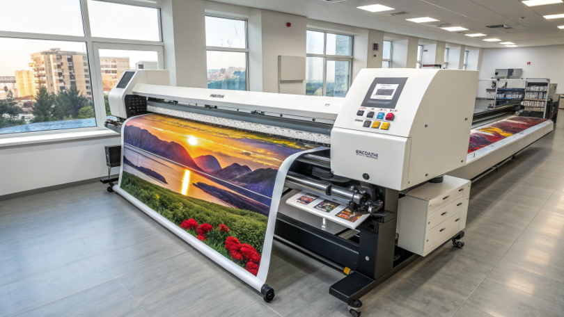 A collection of high-end sublimation products: a professional cycling jersey, a glossy photo panel, and a branded ceramic mug.