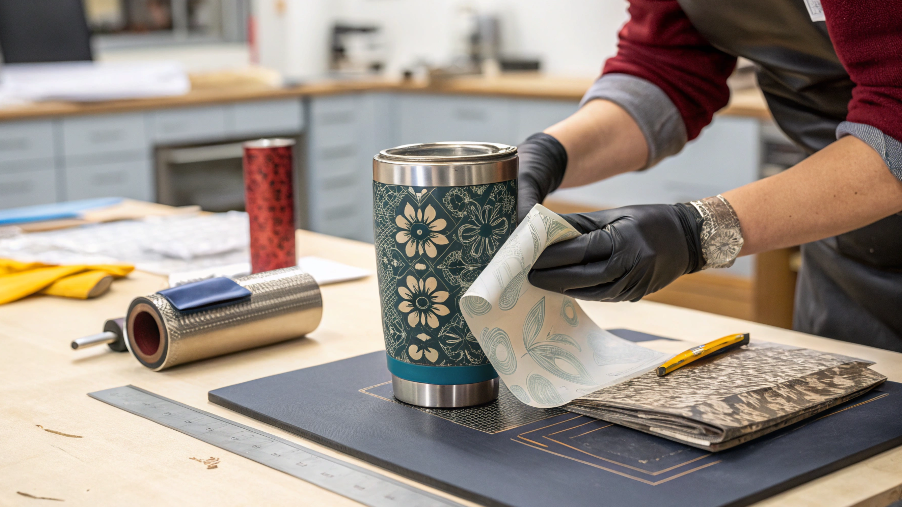 A person wearing heat-resistant gloves carefully peeling sublimation paper off a hot tumbler.
