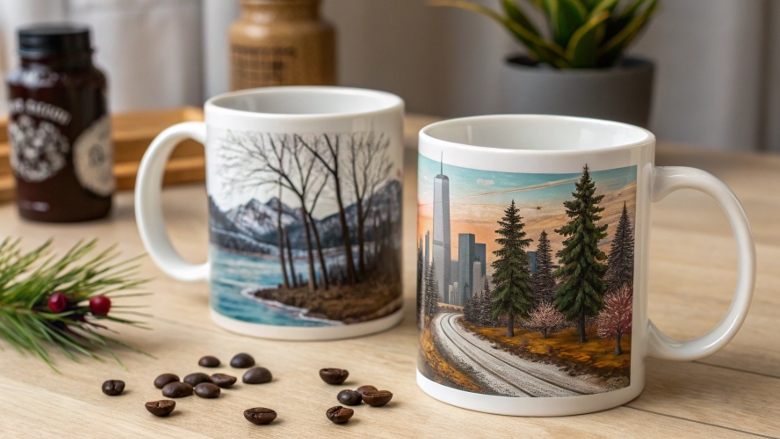 A graphic showing ink gas particles infusing into the open pores of a mug's polymer coating under heat.