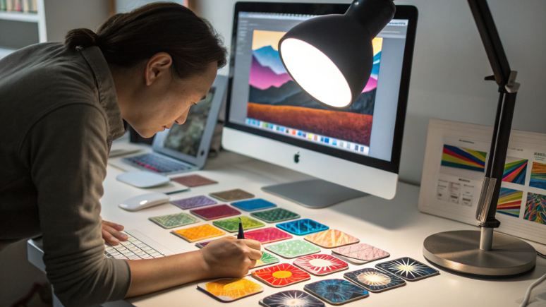 A person inspecting a freshly sublimated coaster under a bright light, comparing the color to their computer monitor.