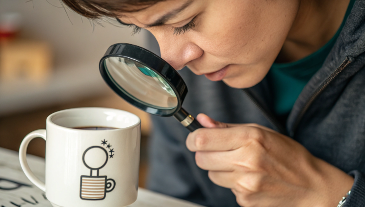 A person inspecting a white mug closely with a magnifying glass, looking for a sign.