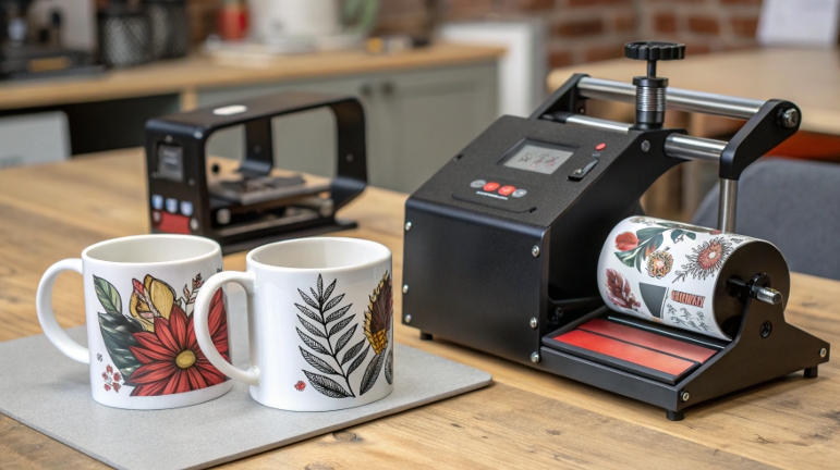 A sublimation coffee mug being carefully placed into a blue mug heat press machine.
