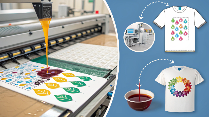 A split image showing a paper document coming out of an office inkjet printer on one side, and a heat press sublimating a mug on the other.