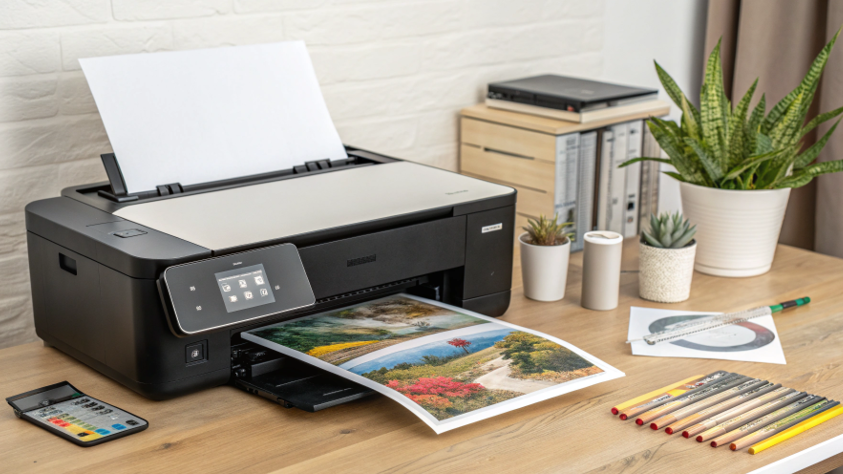 A close-up of a printer's maintenance station, showing ink being purged to clear the print head.