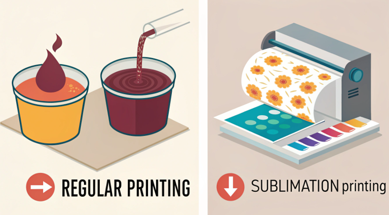 Two ink bottles side-by-side: one standard black printer ink and one vibrant magenta sublimation ink, highlighting the color difference.