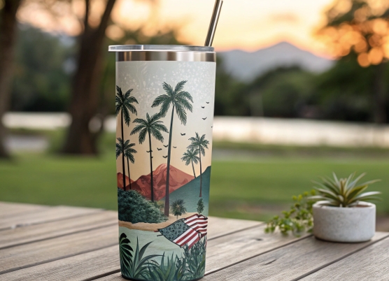 A small business owner proudly holding a finished, high-quality sublimated product.