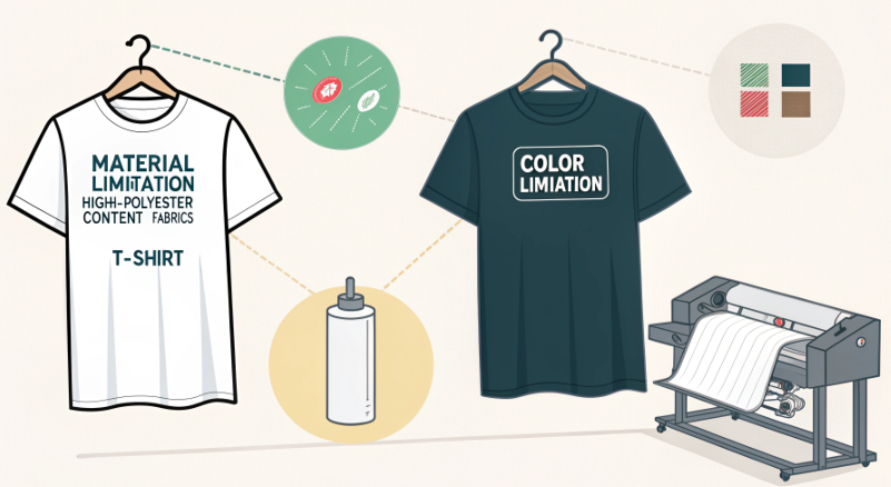 A graphic showing a checkmark over a white shirt and a red X over a black shirt, illustrating sublimation limitations.