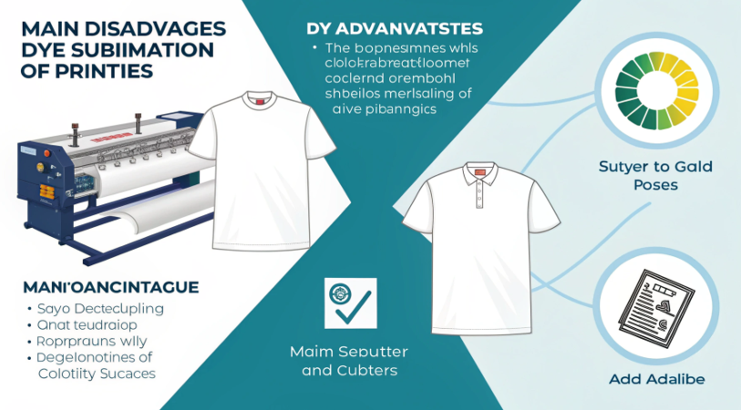 A graphic illustrating the limitations of sublimation with a cross over a black cotton shirt and a dark-colored mug.
