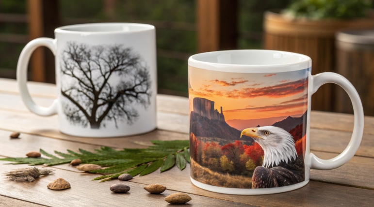 A side-by-side comparison of two tumblers: one with a peeling sticker, and one with a flawless, glossy, full-wrap sublimated design.