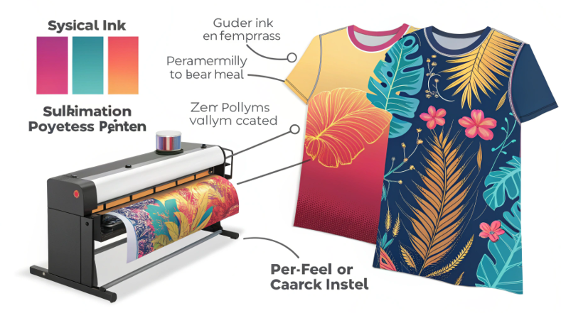 a sublimation printer creating vibrant designs on mugs and t-shirts