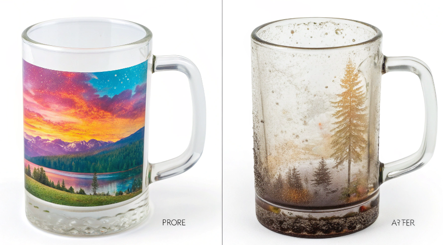 A side-by-side of a clear sublimation glass mug with a vibrant print and a regular glass mug with a faded, failed print.