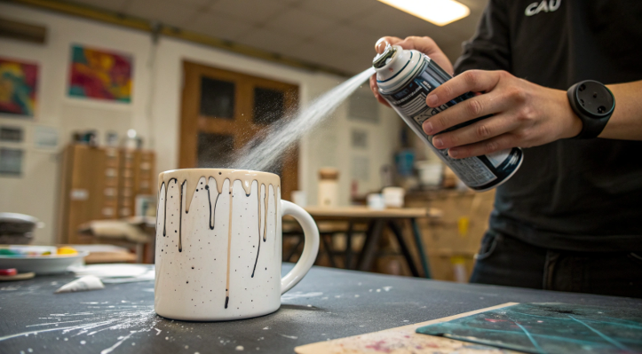 A person unsuccessfully trying to spray a clear coat onto a mug, leaving streaks and drips.