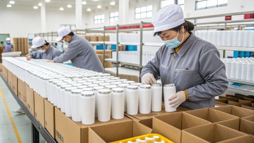 A small business owner smiling as they pack shipping boxes filled with custom tumblers.