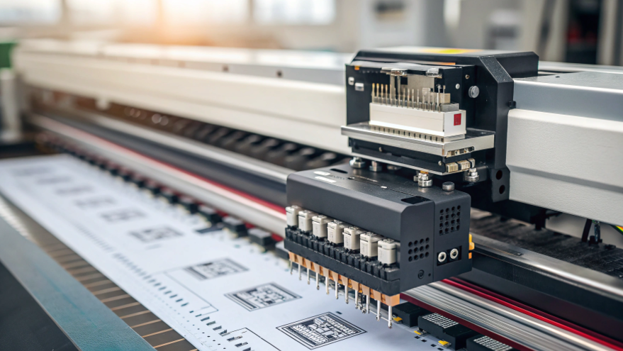 A close-up of a high-tech industrial inkjet printhead in a sublimation printer