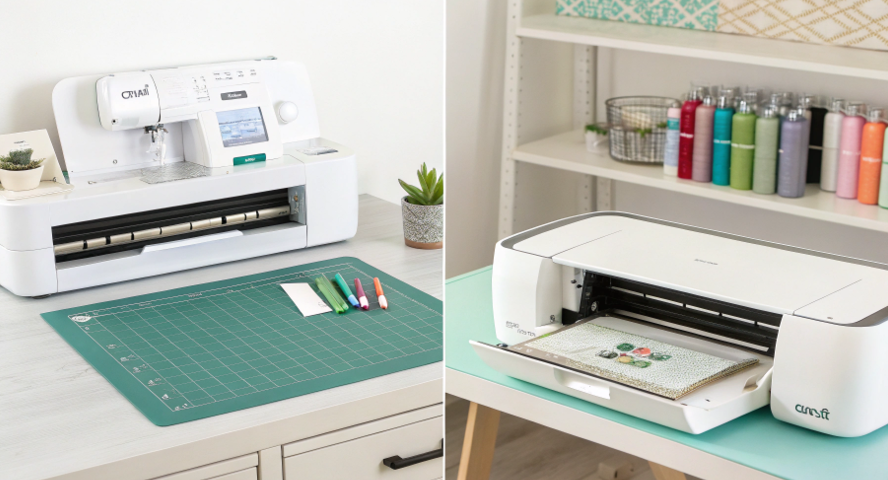 A side-by-side view of a Cricut machine and a sublimation printer.