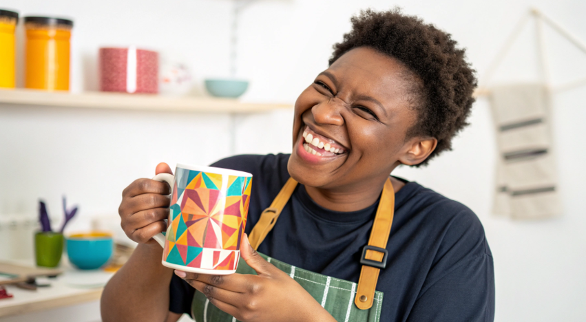 a small business owner smiling while packing a custom sublimation order for shipment