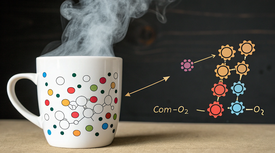 A close-up diagram showing sublimation ink turning to gas and infusing into the special coating of a ceramic mug.
