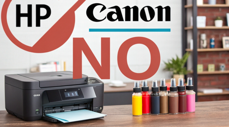 A clear "NO" symbol over an image of an HP and a Canon printer with sublimation ink bottles nearby.