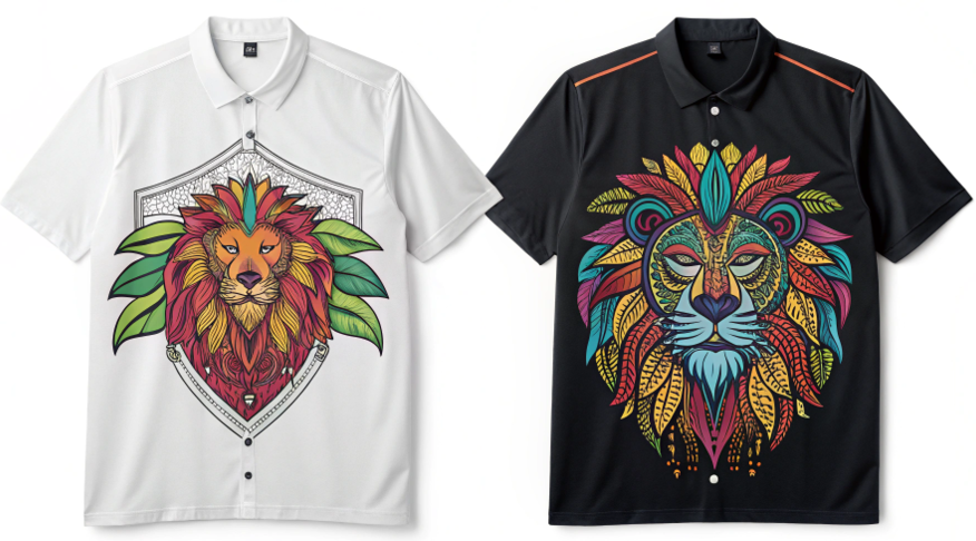 A side-by-side comparison showing a vibrant sublimated design on a white shirt and a faded, invisible design on a black shirt