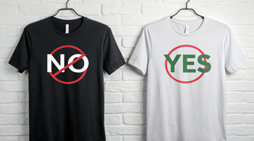 A graphic showing a "no" symbol over a black cotton t-shirt and a "yes" symbol over a white polyester shirt.