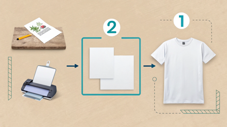 A simple diagram or flat lay showing the three steps of sublimation: printed paper, blank item, and heat press