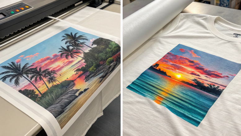 A side-by-side of a DTG print and a DTF transfer, showing options for printing on cotton.