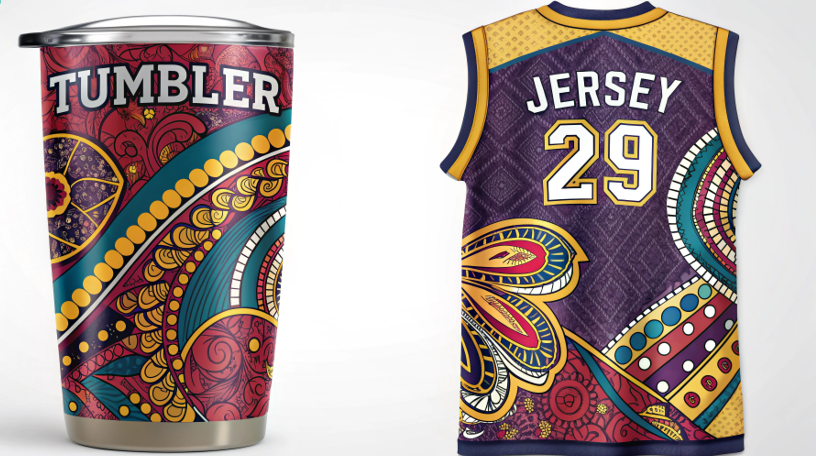 a stunningly vibrant and detailed sublimated tumbler next to a perfectly matched sports jersey
