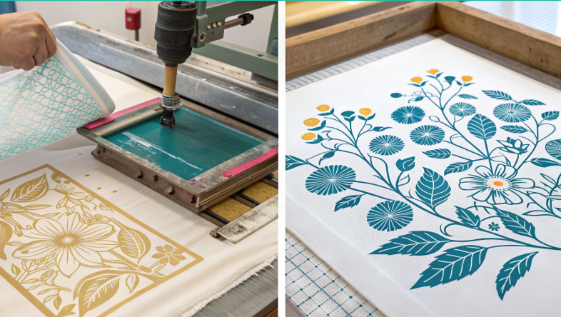 A split image showing a vibrant sublimation print on one side and a bold screen print on the other.