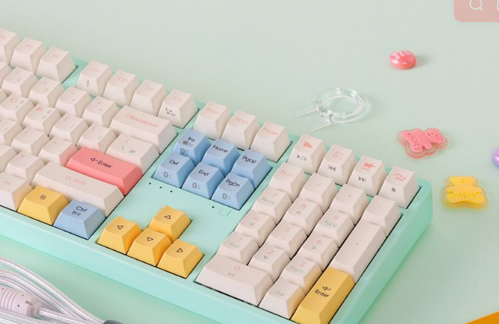 a close-up shot of a mechanical keyboard with high-quality, colorful dye-sublimated keycaps