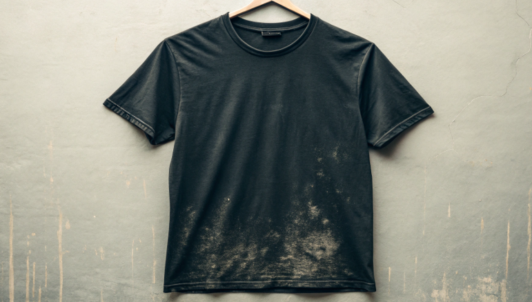 A failed sublimation print on a black cotton t-shirt, where the image is barely visible.