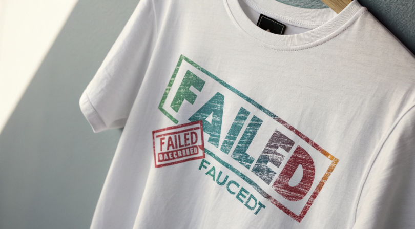 A very faded, distressed print on a high-cotton content blend shirt.