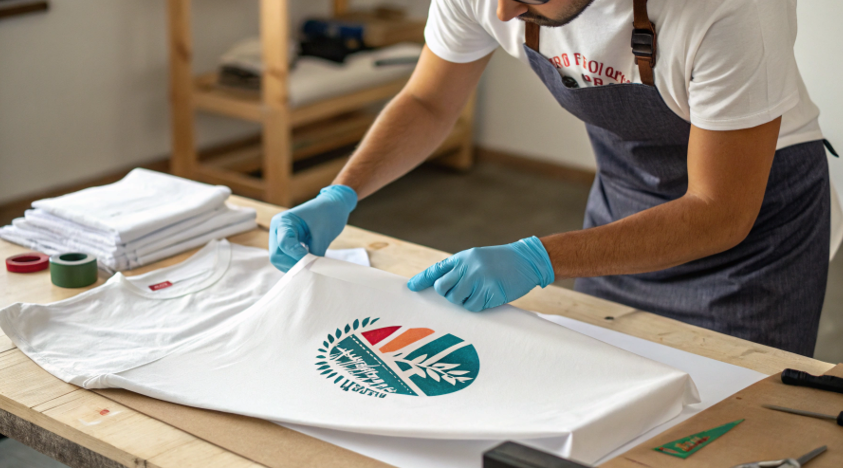 A customer on their tablet using an interactive design tool to drag and drop their own photos and text onto a 3D model of a t-shirt.