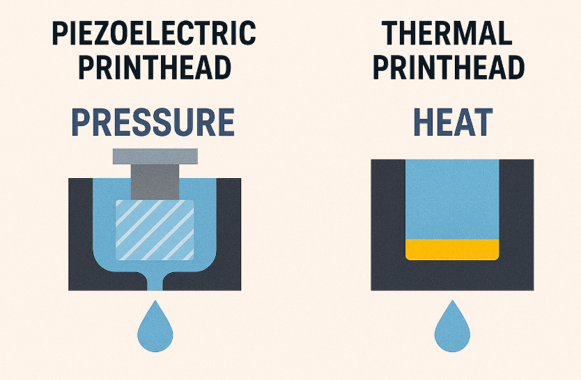 A simple diagram comparing a piezoelectric printhead (using pressure) to a thermal printhead (using heat).