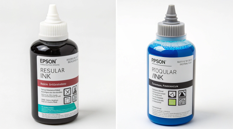A side-by-side comparison showing a bottle of regular Epson ink and a bottle of specialized sublimation ink.