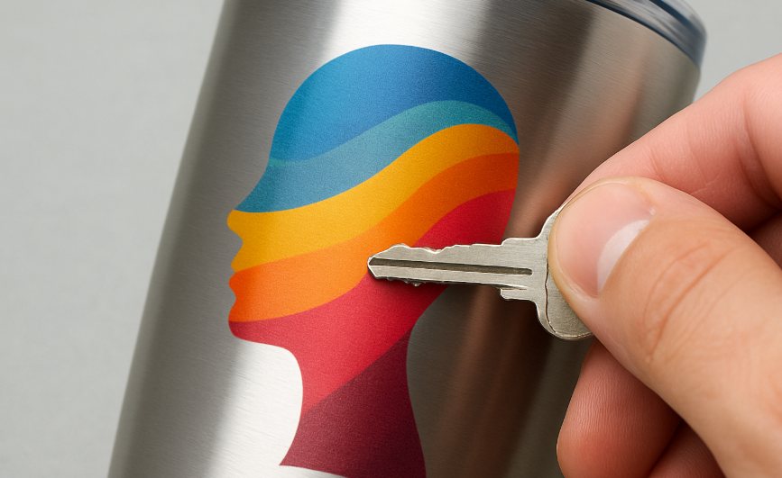 A close-up image of a stainless steel tumbler being scratched with a key, showing no damage to the sublimated image beneath the surface.