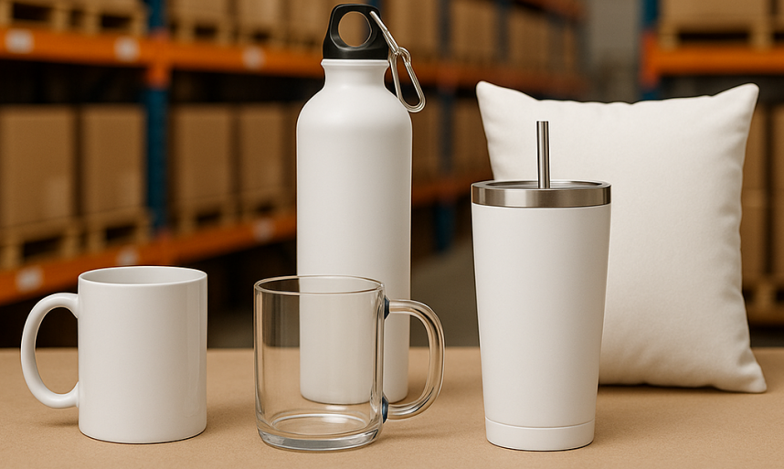 A collection of high-quality sublimation blanks including polyester shirts, ceramic mugs, and tumblers.