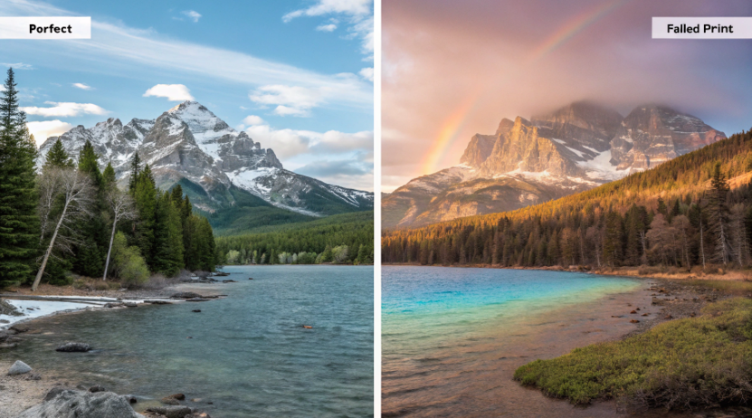 A split image showing a perfect, vibrant sublimation print next to a failed print that is blurry and faded.