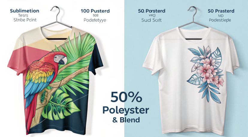 A split image showing the same design sublimated on a 100% polyester shirt (vibrant) and a 50/50 blend shirt (faded/vintage).