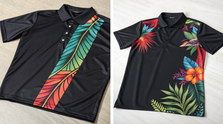 A side-by-side comparison of a sublimation transfer on polyester versus a DTF transfer on a black cotton shirt.