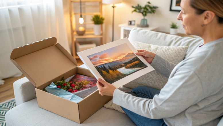 A close-up shot of a person's hands holding a custom photo slate, their face filled with emotion as they look at the memory printed on it.