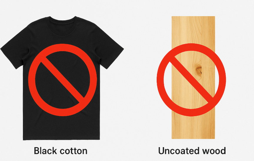 A graphic with "NO" symbols over a black cotton t-shirt and an uncoated wooden plank, illustrating sublimation's limitations.