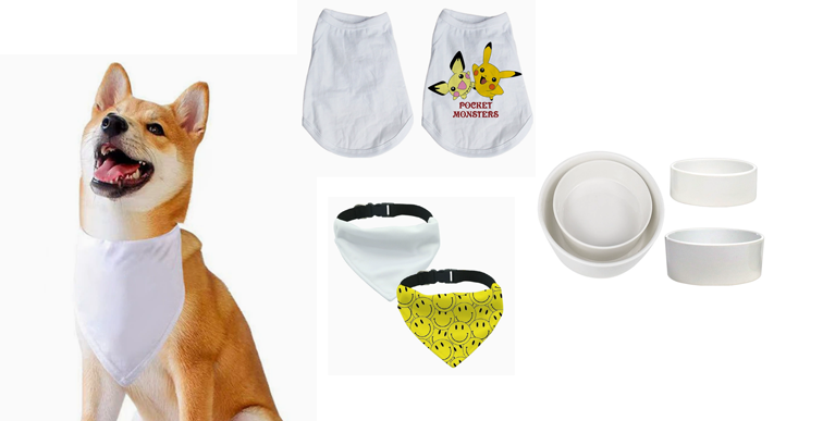 A branded collection of pet apparel: matching bandanas, t-shirts, and hoodies for dogs of different sizes, all with a cohesive, fun design style.