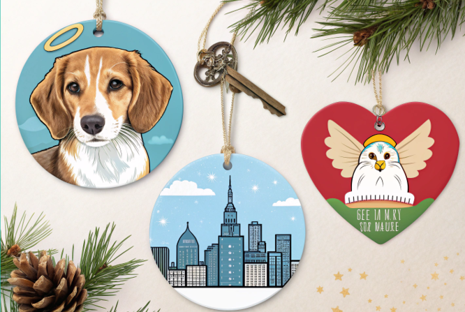 A collage of unique ornament ideas: a new house key ornament, a pet portrait with a halo, and a state-shaped ornament with a heart over a city.