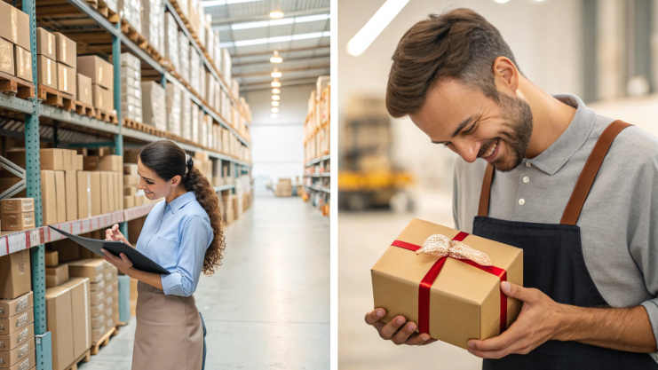 An image showing a split screen: on one side, a warehouse of generic, boxed products; on the other, a small business owner handing a beautifully wrapped custom gift to a happy customer.