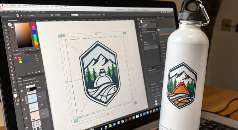 A designer's screen showing a logo being optimized in Adobe Illustrator for a full-wrap water bottle template.