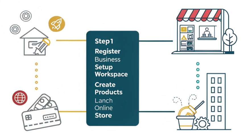 A simple 4-step infographic: 1. Register Business, 2. Setup Workspace, 3. Create Products, 4. Launch Online Store.