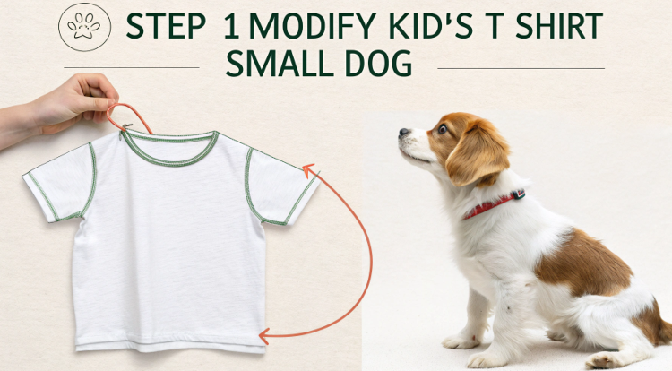 A simple step-by-step infographic showing how to cut a kid's t-shirt—cutting the sleeves and the belly—to fit a small dog.
